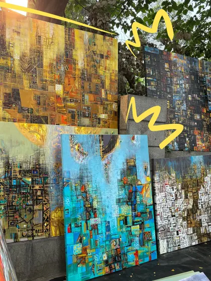 Beautiful abstract city paintings I saw, with a yellow squiggle to show my appreciation.