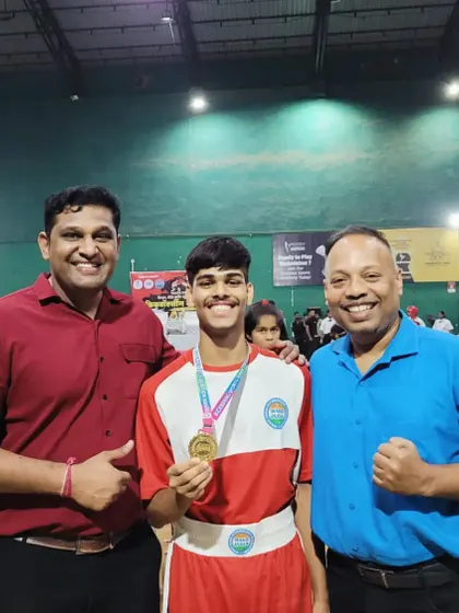 Our champion Alok Brid celebrates his gold medal win at the 2024 Maharashtra Junior State Championships with WAKO President Nilesh Shelar and our head coach Umesh Murkar.