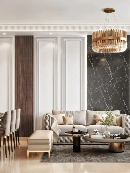 A visualization of a combined living and dining room featuring a striking black marble accent wall and elegant wainscoting. The render balances dark, dramatic elements with classic architectural details.