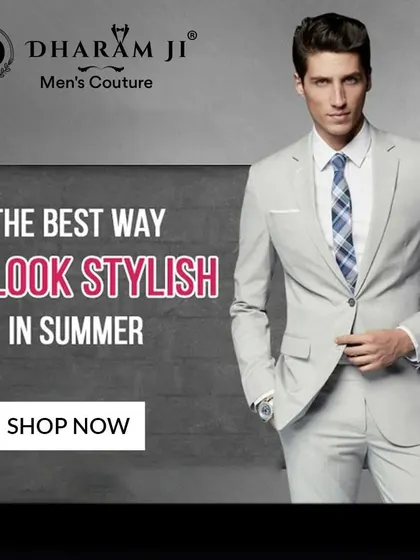 A graphic advertising a light grey summer suit. I use breathable, lightweight fabrics to ensure you look stylish even in warmer weather.