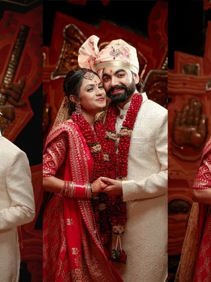 A triptych of the couple's portraits from their wedding day, capturing their loving glances and beautiful traditional attire.