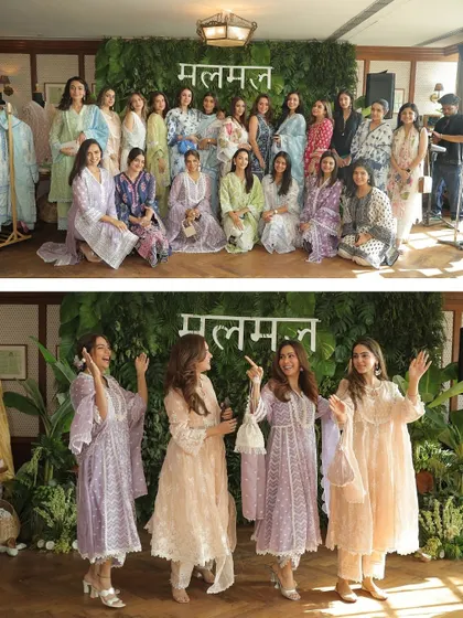 Guests and influencers posing for group photos in front of a green foliage wall with the 'Mul Mul' brand name, designed for their 'Malgaudi' collection launch.