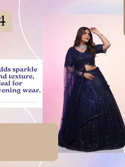 A graphic showcasing the navy blue sequin gown. The texture and sparkle make it the perfect choice for any evening event where you want to shine.
