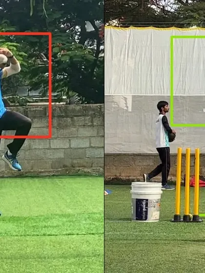 This image is the same as 195 and shows the left arm spinner's fine-tuning for consistency. We corrected his jump and stride alignment, which resulted in a much better finish and more reliable bowling.