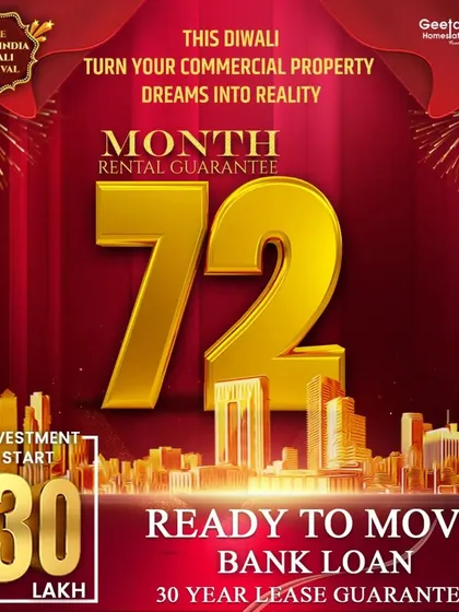 This Diwali, we are making commercial property investment more accessible and profitable than ever. This graphic details our exclusive offer, including a 72-month rental guarantee and investments starting from just 30 Lakhs, ensuring our clients get maximum returns.