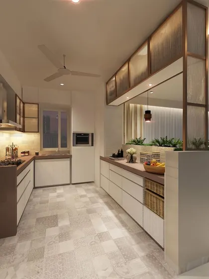 Another perspective of our open kitchen concept, showing how the design maintains a clear line of sight into the living area while providing ample counter space and storage.
