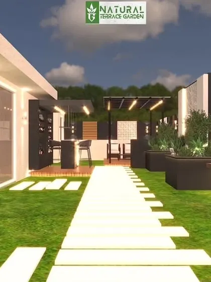 A proposed design for a terrace in Sushant Lok, Gurugram. The render shows a clean layout with a central pathway connecting a bar, a pergola, and other seating areas.