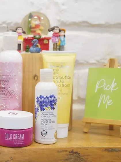 "Pick Me." I love creating little displays that invite you to discover new products, like this winter care selection featuring cold cream and moisturizing lotions.