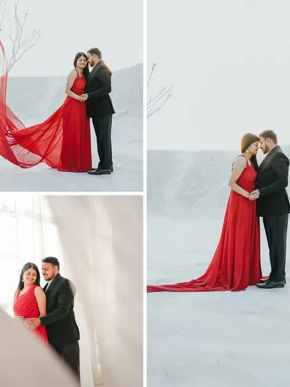 A series of photos featuring a vibrant red dress with a long trail against the minimalist white sand set, creating a powerful and romantic visual.
