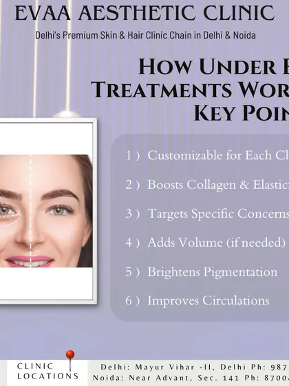 This graphic explains how our under-eye treatments work. They are customized to boost collagen, target specific concerns like pigmentation, add volume where needed, and improve circulation for brighter, rejuvenated eyes.