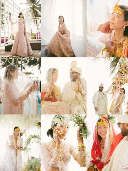 A comprehensive collage telling the story of a beautiful cross-cultural wedding. It includes bridal portraits, ceremony rituals, and romantic moments.