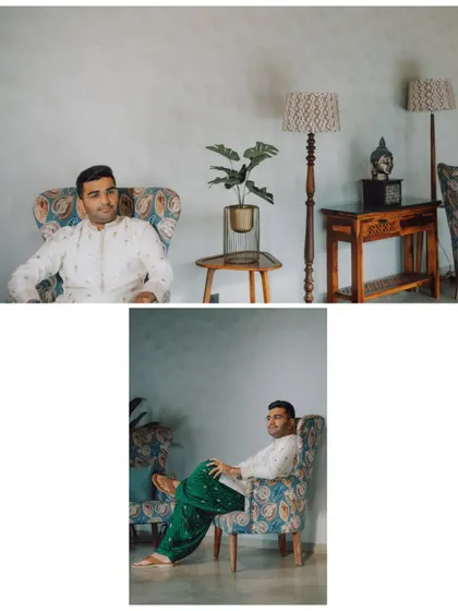 A collage of the groom's portraits, showing him looking relaxed and stylish in his wedding attire.