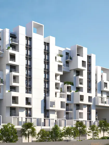 A rendering of Aurum Avenue, our vision for a modern housing community that prioritizes social interaction and green living. The design breaks down the mass of the building into a series of interlocking blocks, creating private balconies and shared terraces. This architectural approach ensures that every residence is filled with light and has a connection to the outdoors.