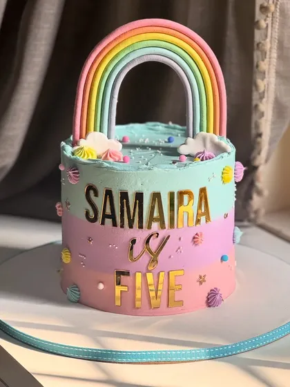 Samaira is five and fabulous! This rainbow cake celebrates her big day with pastel layers, fluffy clouds, and a beautiful rainbow arch, creating a magical and merry centerpiece.
