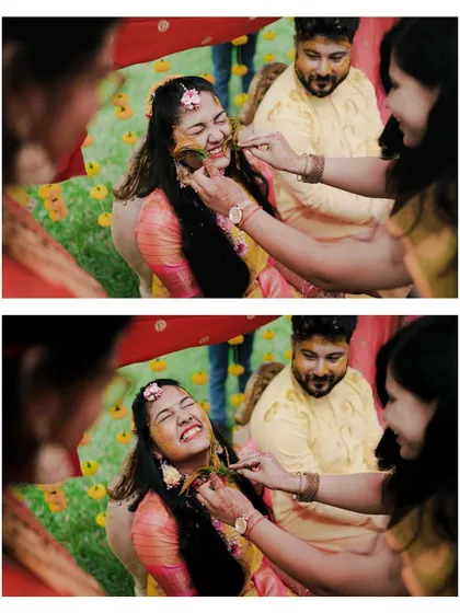 A collage showing the playful side of the Haldi ceremony, with friends and family joyfully applying turmeric to the happy bride.