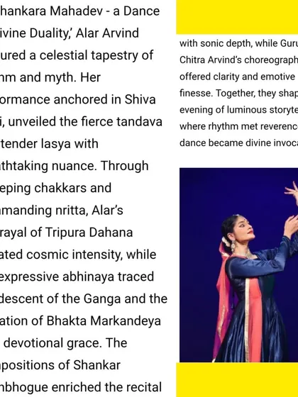 Another excerpt from the review of 'Akhyana', noting the performance's cosmic intensity and devotional grace through expressive 'abhinaya' and commanding 'nritta'.