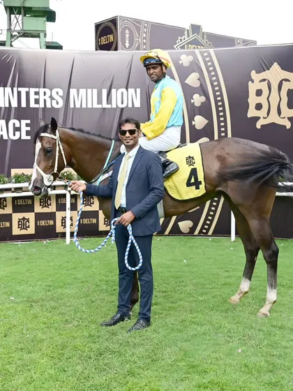Indian Brocade, winner of The Deltin Juvenile Sprinters' Million (GR III), with jockey Neeraj Rawal.