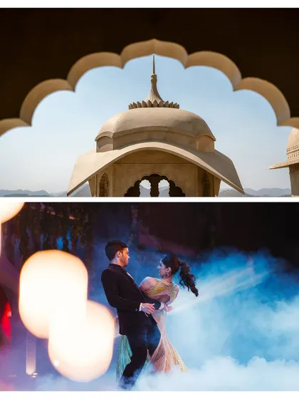 A creative composition showing the grandeur of the palace venue and a dramatic dance moment, highlighting the blend of location and celebration.