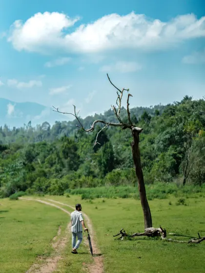 A shot of me walking on a dirt path in a green meadow, carrying an umbrella. This image captures the essence of my journey as a wanderer or 'alemari'.
