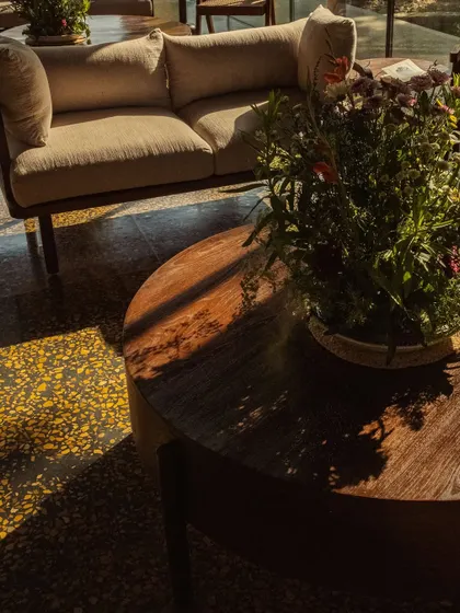Dappled sunlight falls across the terrazzo floor and a modern sofa in our lounge, a perfect spot for an afternoon pause.