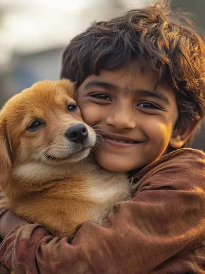 Another variation of the child and puppy hug, capturing a moment of pure joy and connection. This image supports our story about children showing kindness to a stray dog.