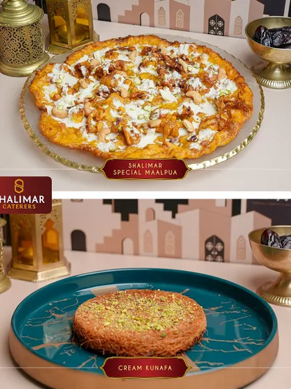 A duo of decadent desserts. Our Shalimar Special Malpua and the rich Cream Kunafa are perfect for indulging after your fast.