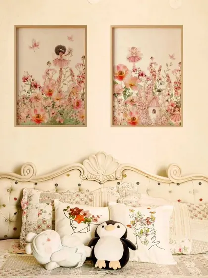 A charming children's bedroom with a button-tufted bed, floral fabrics, and whimsical decor.