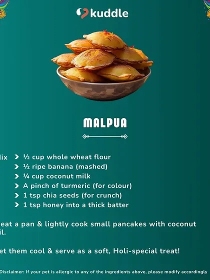 Who says dogs can't have Malpua? This recipe uses whole wheat flour, ripe banana, and coconut milk to create soft, tasty pancakes that are a perfect Holi treat.