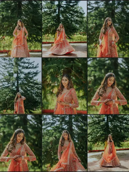 A collage showcasing the bride's stunning orange lehenga. The different poses and angles highlight her beauty and the elegance of her outfit against a lush green backdrop.