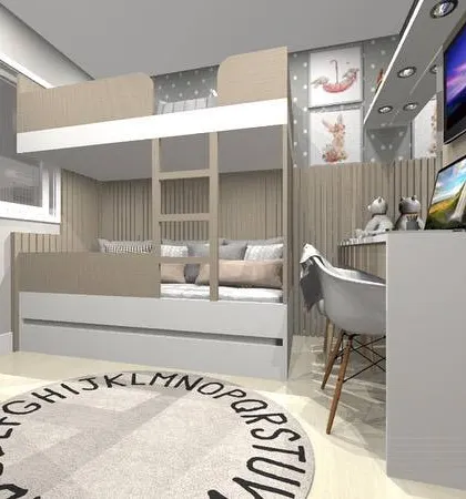 Another view of the bunk bed room, showing the TV and study setup.
