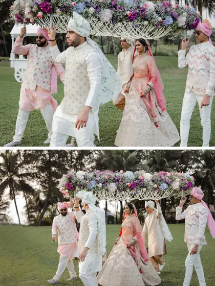 A collage capturing the bride's unique entry under a phoolon ki chadar carried by dancing groomsmen.
