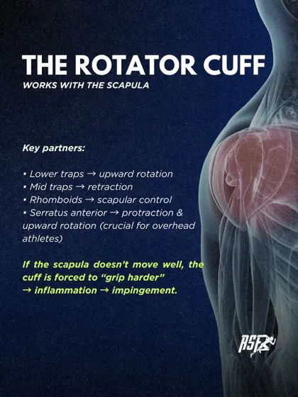 The rotator cuff works in partnership with the scapula. If the scapula doesn't move well, the cuff is forced to "grip" harder, leading to inflammation and impingement. Key partners include the traps and serratus anterior.
