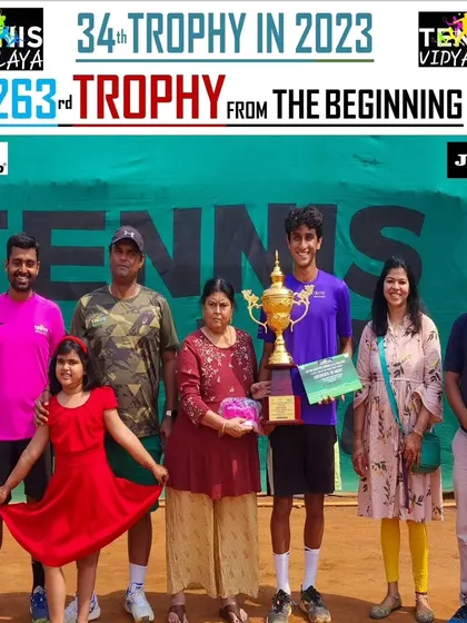 Celebrating a singles win at the 5th Shri Rajesh Patel Memorial Super Series.