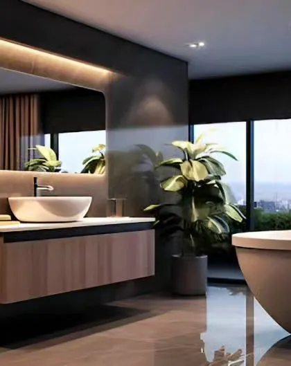 A luxurious bathroom with a stunning city view from the large window next to the freestanding bathtub. The design features a floating vanity with a backlit mirror and a sophisticated dark color palette.
