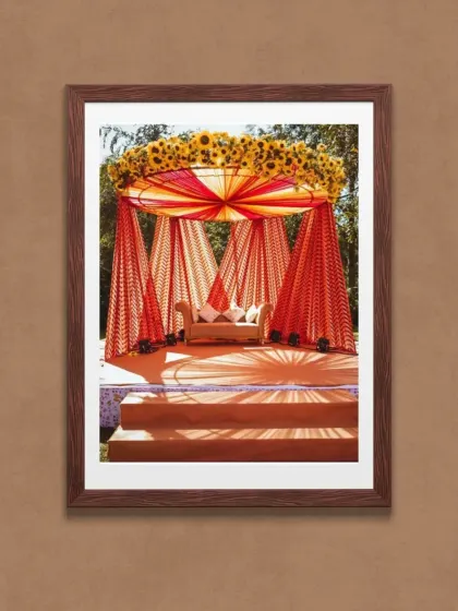 A beautifully decorated mandap, vibrant with sunflowers and traditional drapery, ready for a wedding ceremony. We specialize in creating stunning, customized decor that transforms our spaces and brings your wedding vision to life.
