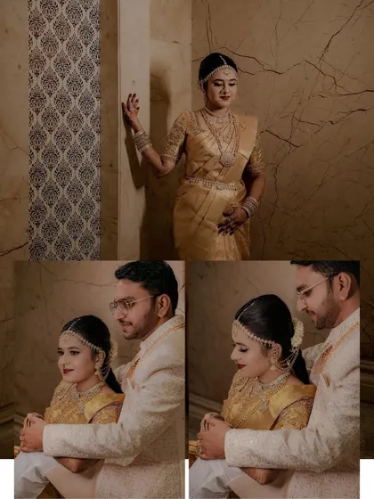 A collage showing a full-length bridal portrait alongside intimate couple portraits, showcasing variety in posing.