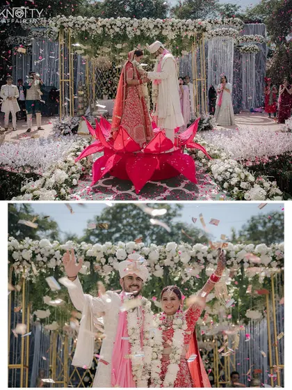 The Varmala exchange on a blooming lotus stage, a unique and visually stunning element of this wedding. We highlight the creative details that make your day special.