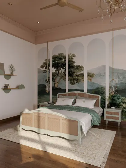 This guest bedroom features a refreshing green palette and a stunning arched wallpaper depicting a forest scene. The design feels energetic and playful, yet remains sophisticated with its classic furniture and elegant details.