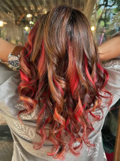 Peach delight. A delicious peachy pink and caramel mix. We used some bleach for the vivid color. (No filter)