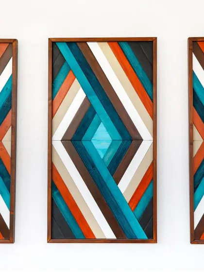 A clean, straight-on view of the three-piece boho mosaic set. This arrangement highlights the symmetrical design that flows across the three separate panels.
