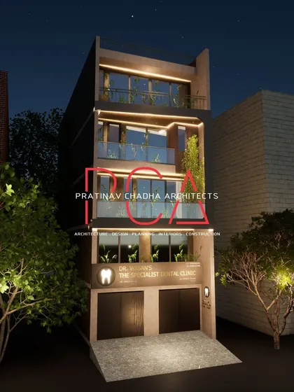 A full frontal night render of the Mukherjee Nagar residence, providing a clear view of the complete lighting design concept.