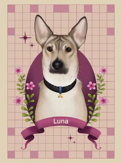 This variation of Luna's portrait features a pink checkered background. It demonstrates how a simple change in the background can alter the mood of the illustration while keeping the focus on the pet.
