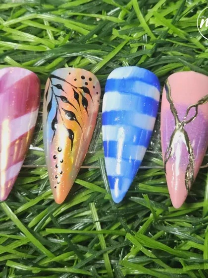 A collection of abstract, hand-painted designs. This shows the variety of effects you can create with different brush strokes, colors, and a bit of metallic accent.