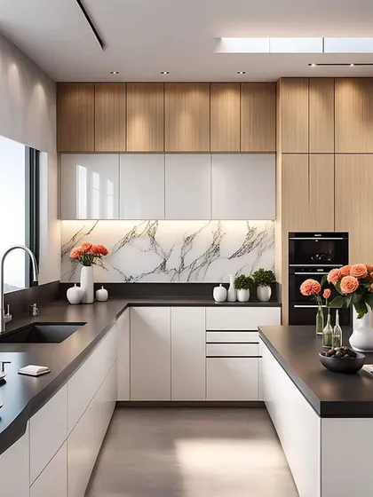 This U-shaped kitchen uses a mix of wood and white cabinets for a warm, contemporary feel. The marble backsplash with under-cabinet lighting adds a layer of luxury and brightness.