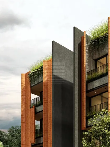 A close-up of the 'Song of Wind' facade, detailing the texture of the terracotta and the integration of green roof elements. This synthesis of heritage and modernity redefines the aesthetic of urban apartments.