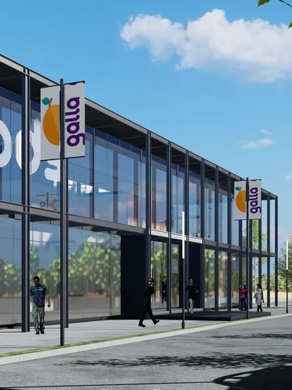 The Galla Foods experience center is designed for simple, expeditious construction. The transparent, two-story building is open and welcoming, inviting the public to engage with the brand.