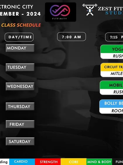 The schedule for September 2024, featuring Circuit Training with Mitlesh. We regularly introduce different class formats to challenge our members and keep workouts engaging.
