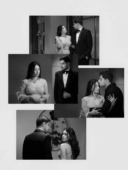 A collage of black and white portraits of Rishabh and Proumya, capturing various intimate and stylish moments.