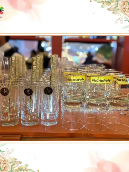 Glassware ready for the #BachchaParty, complete with custom tags and stirrers. We cater to all themes with personalized details.