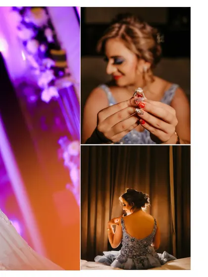 A collage showing the bride's excitement, from admiring her engagement ring to her elegant portraits. It tells a story of the moments leading up to the big celebration.